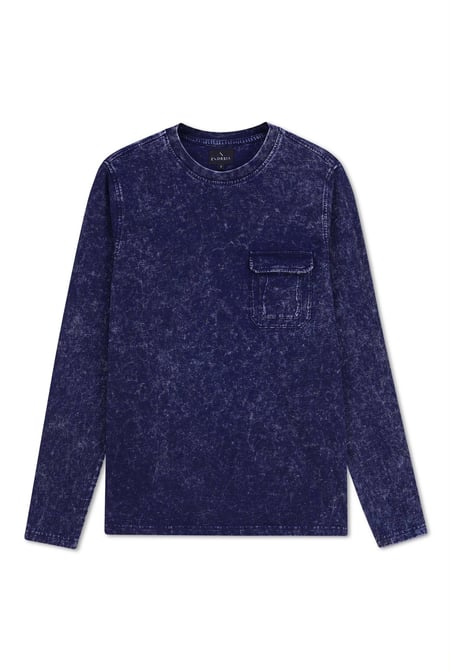 Mens Navy Long Sleeve Indigo Washed T-Shirt
