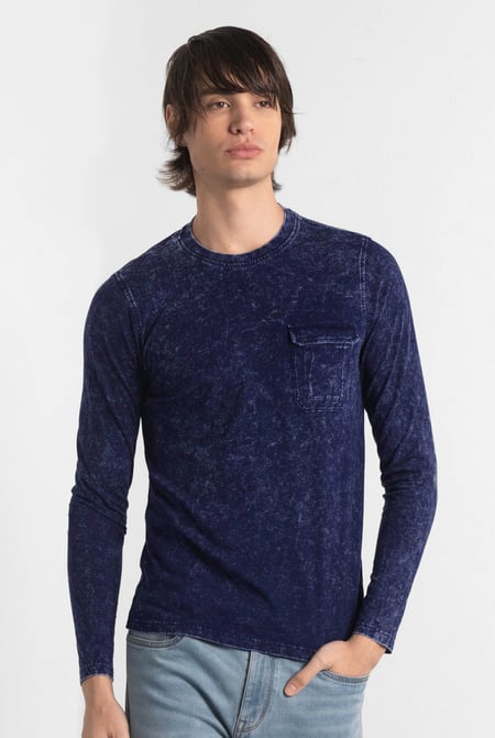 Mens Navy Long Sleeve Indigo Washed T-Shirt