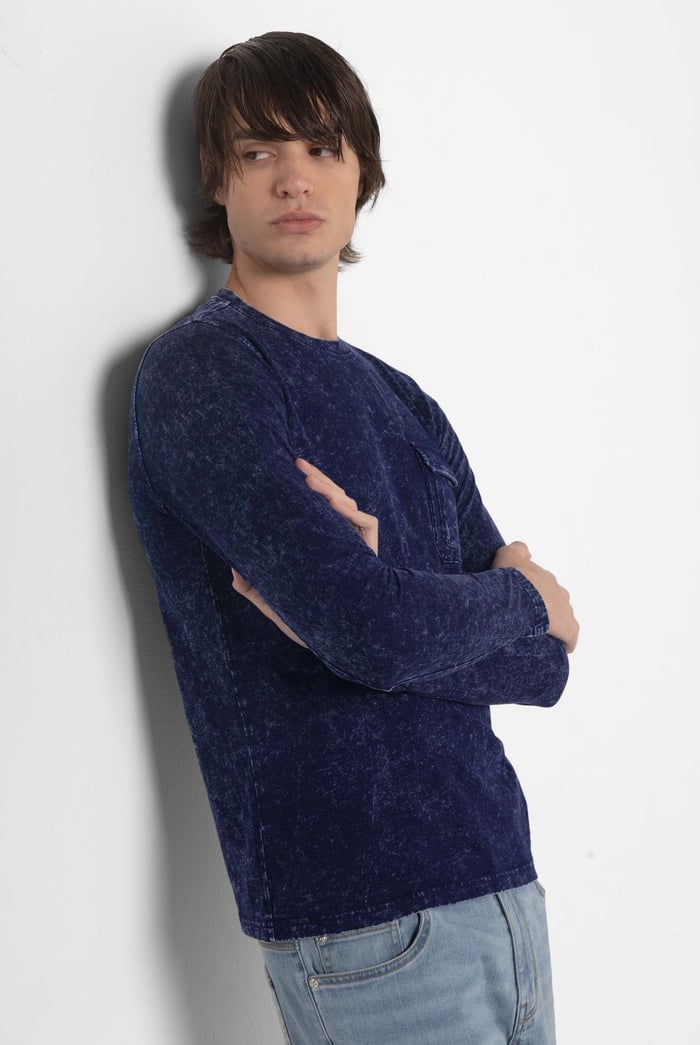 Mens Long Sleeve Indigo Washed T-Shirt