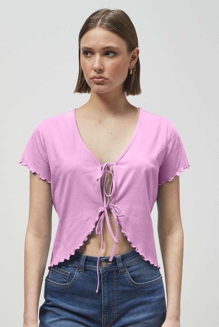 Blue Lettuce Hem Tie Front T-Shirt