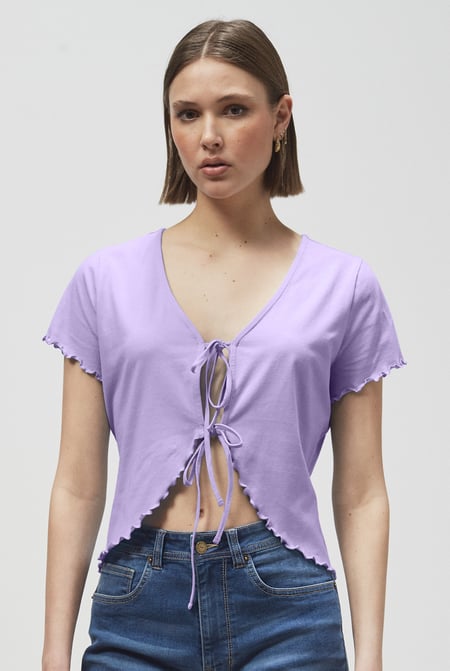 Blue Lettuce Hem Tie Front T-Shirt