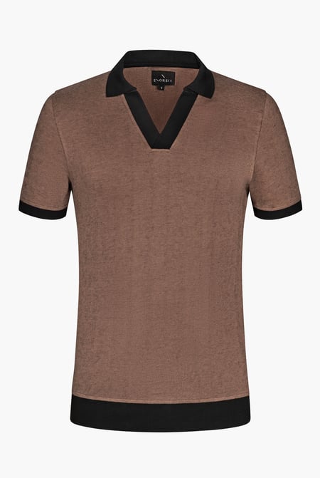 Brown Contrast V-Neck Collar Cotton Polo Shirt
