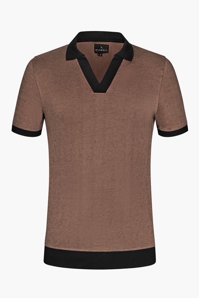 Contrast V-Neck Collar Cotton Polo Shirt