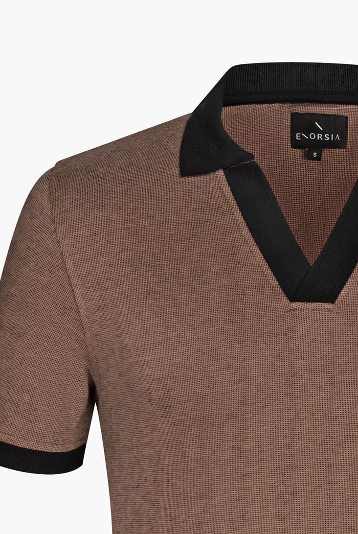 Contrast V-Neck Collar Cotton Polo Shirt