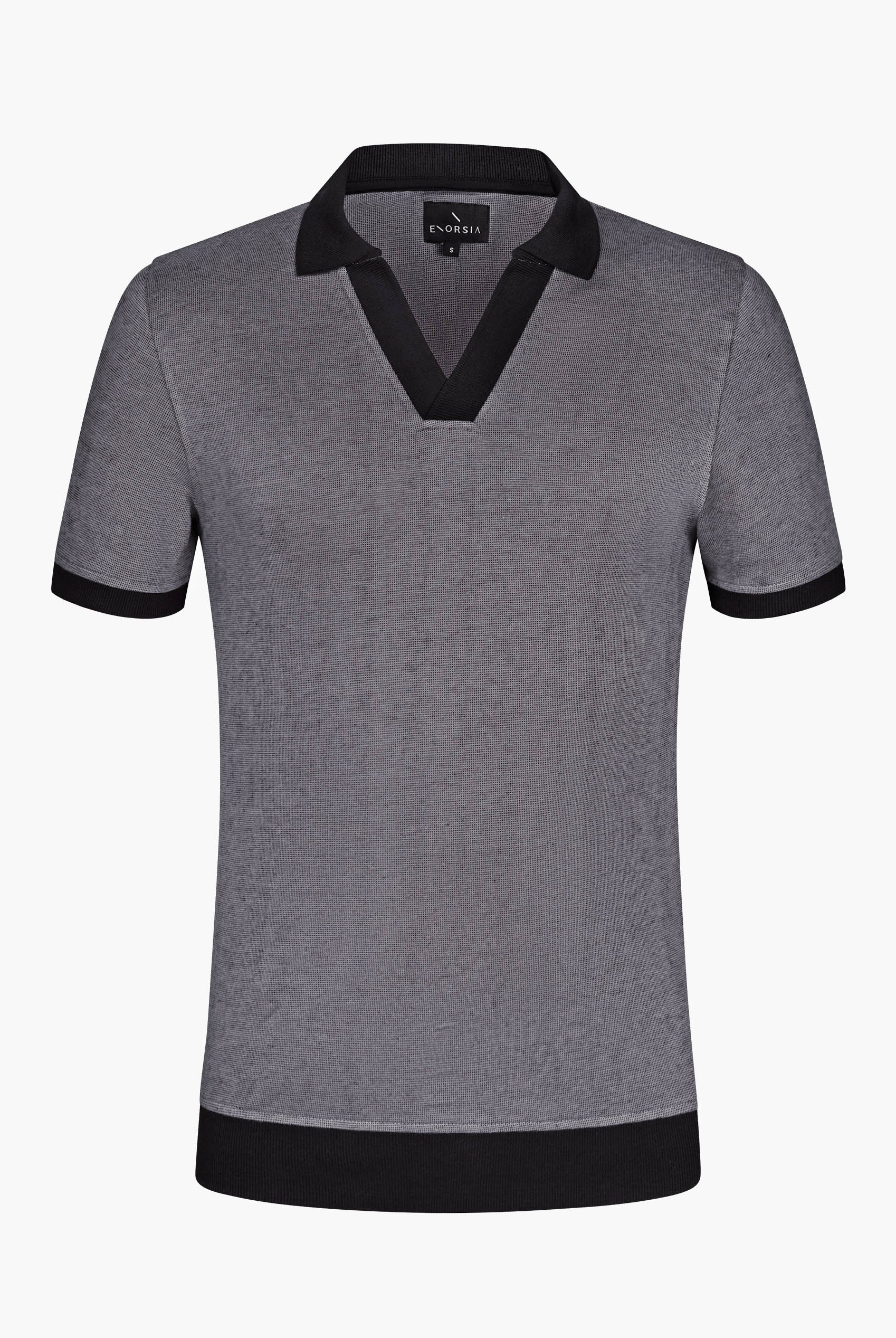 Contrast V-Neck Collar Cotton Polo Shirt