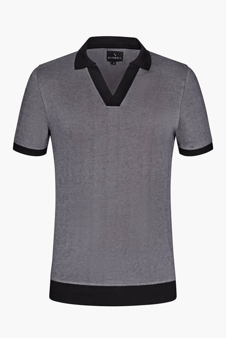 Grey Contrast V-Neck Collar Cotton Polo Shirt