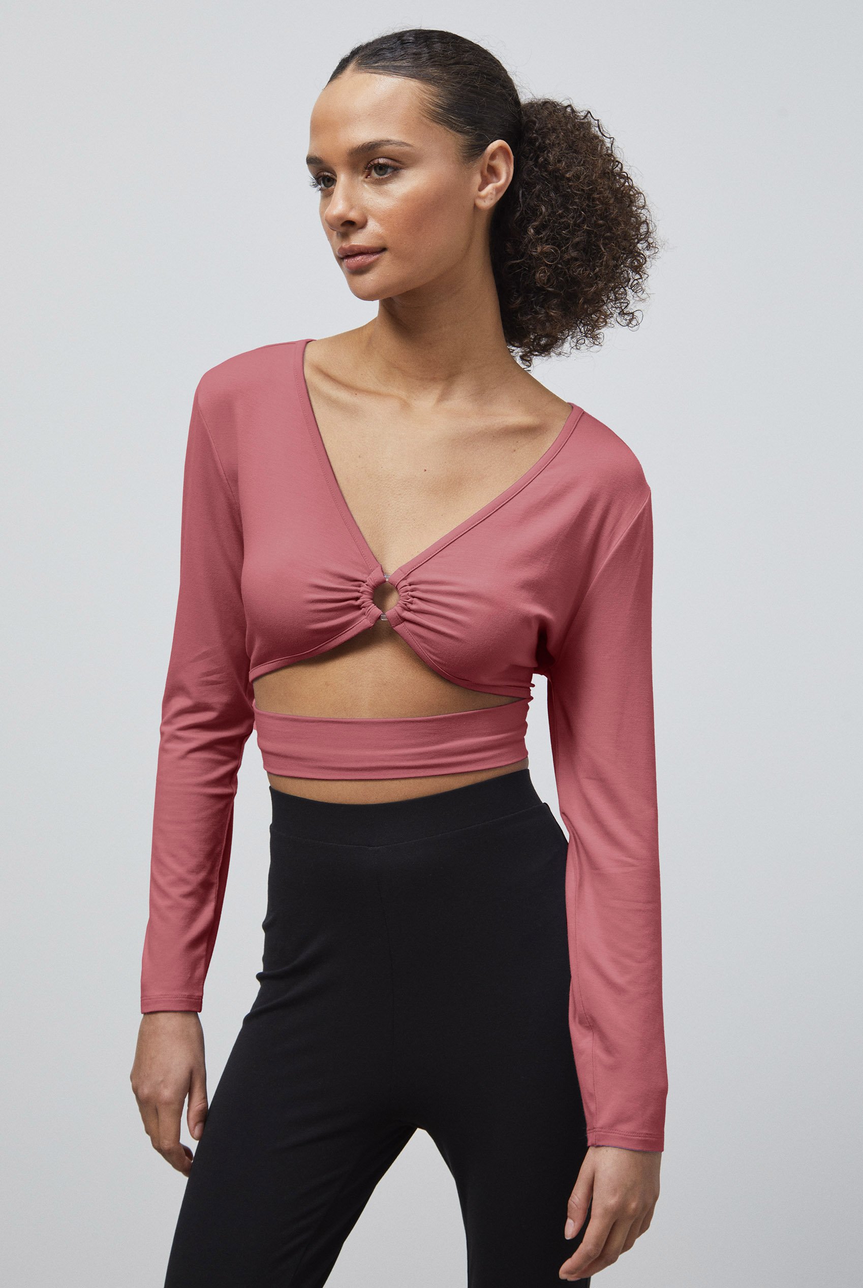 O-Ring Cut Out V-Neck Long Sleeves Top