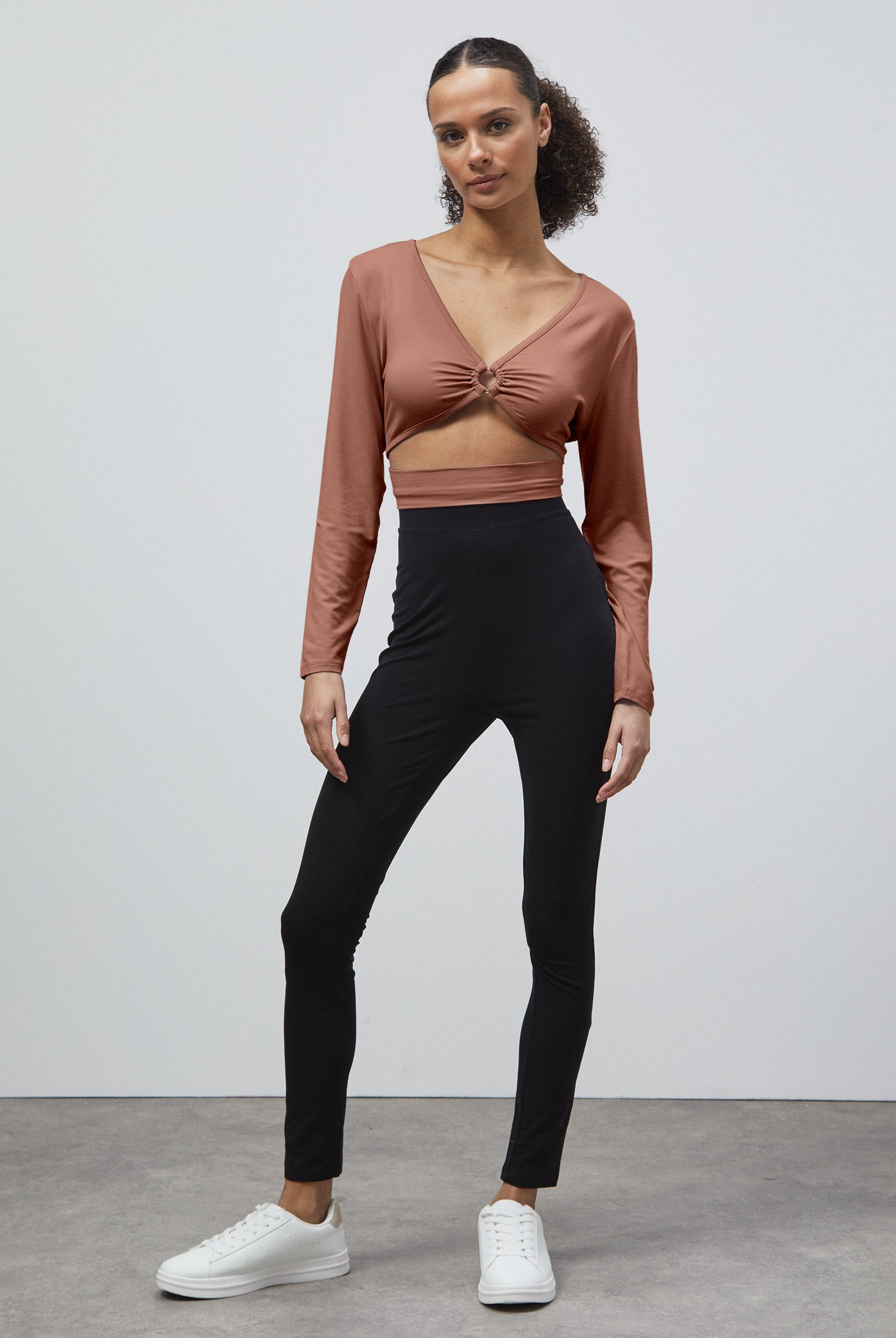 O-Ring Cut Out V-Neck Long Sleeves Top