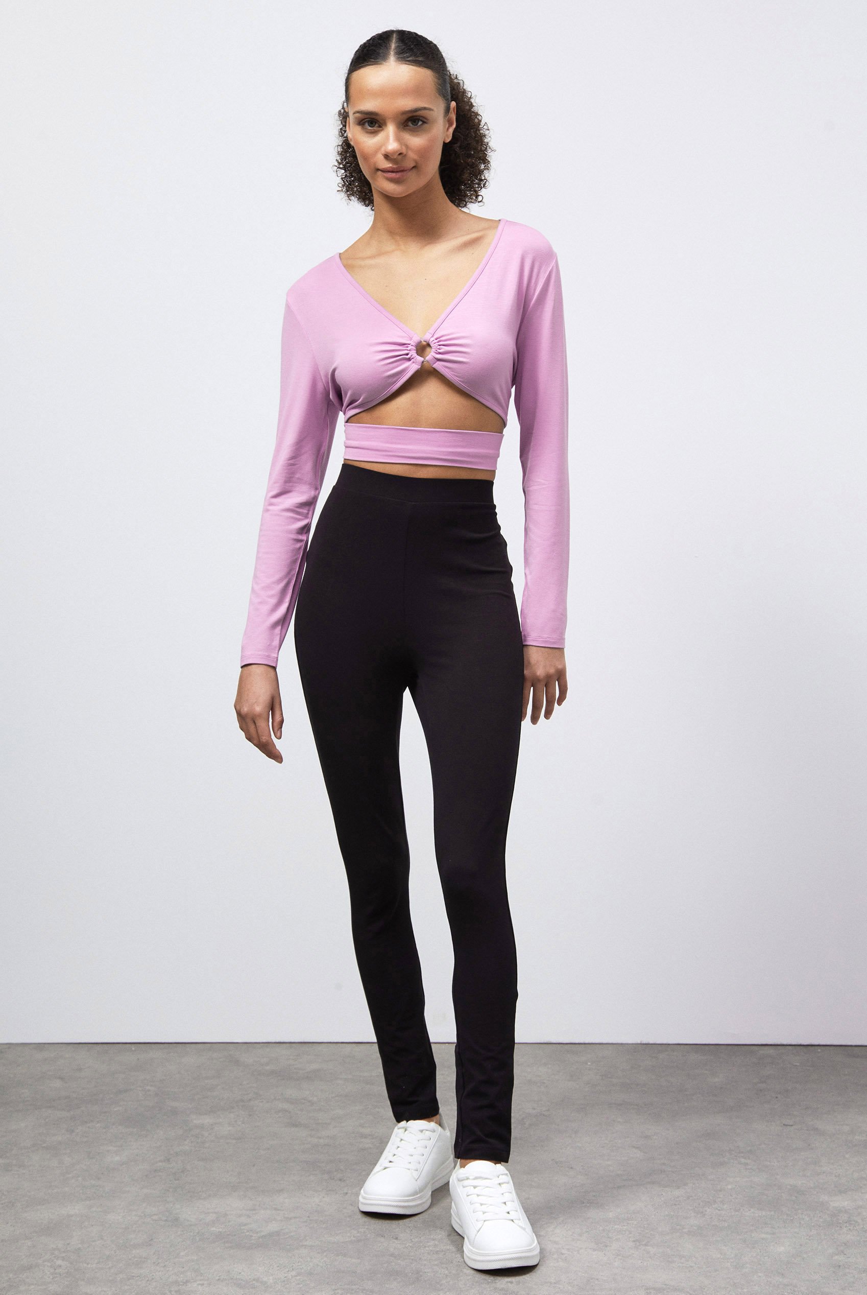 O-Ring Cut Out V-Neck Long Sleeves Top