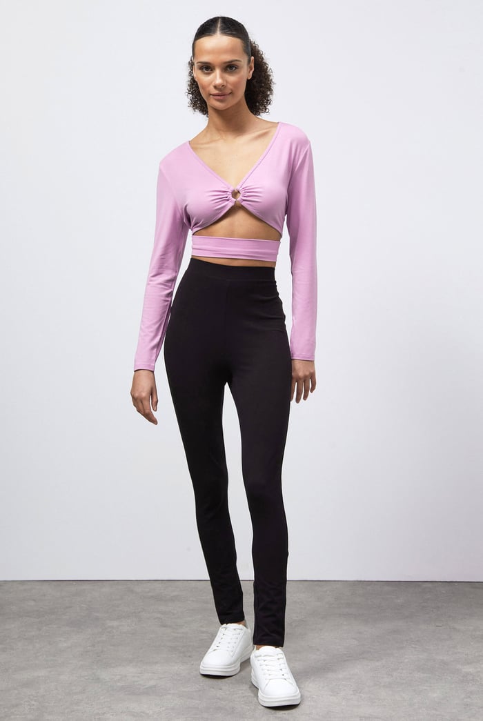 O-Ring Cut Out V-Neck Long Sleeves Top