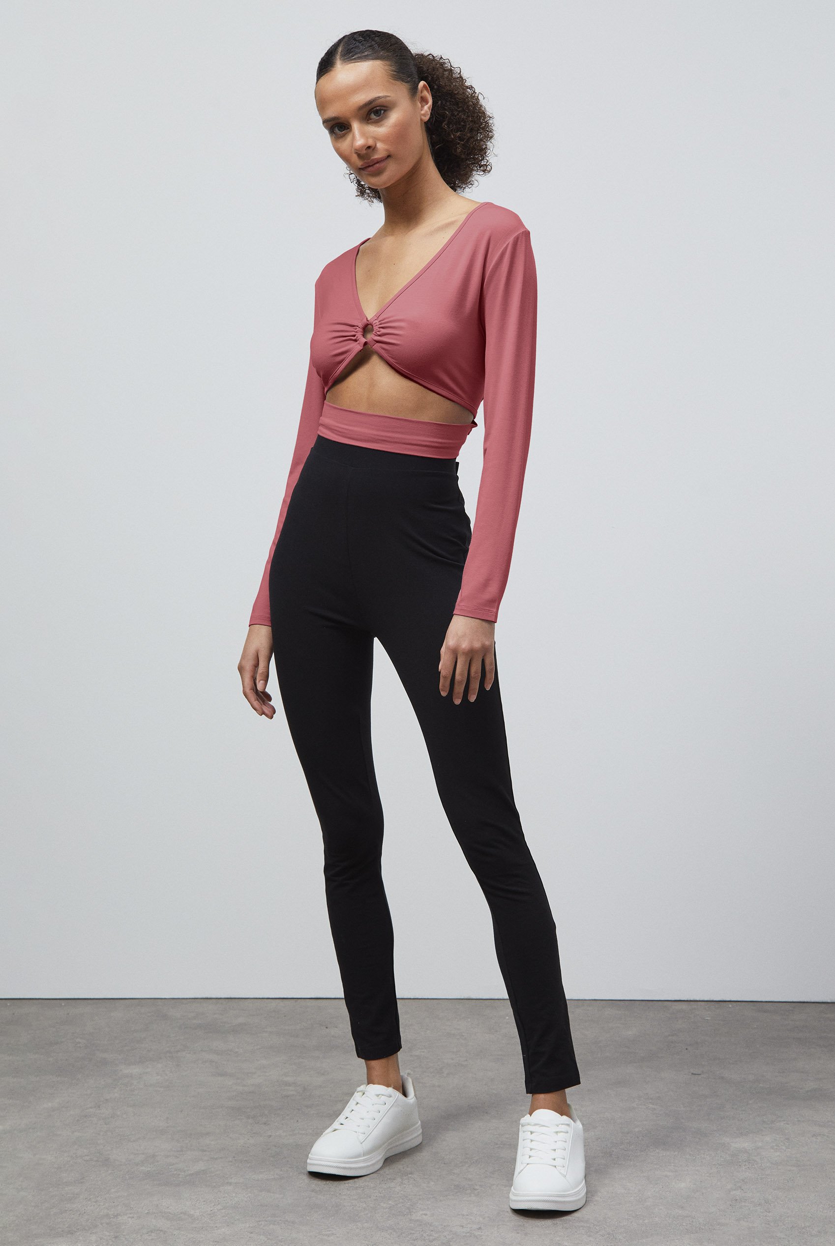 O-Ring Cut Out V-Neck Long Sleeves Top