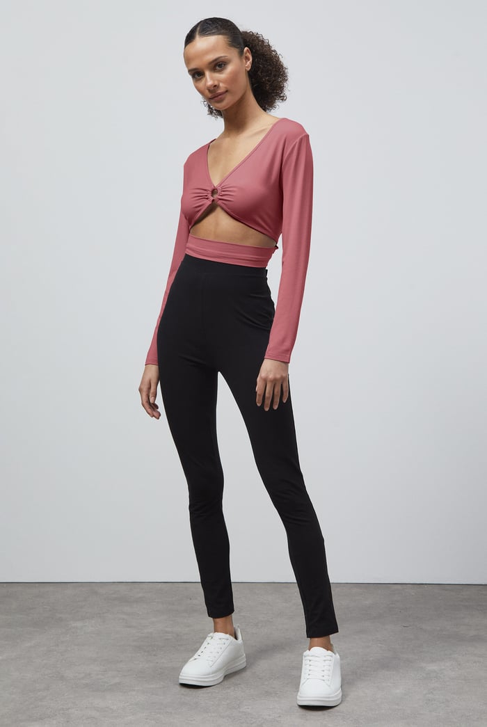 O-Ring Cut Out V-Neck Long Sleeves Top