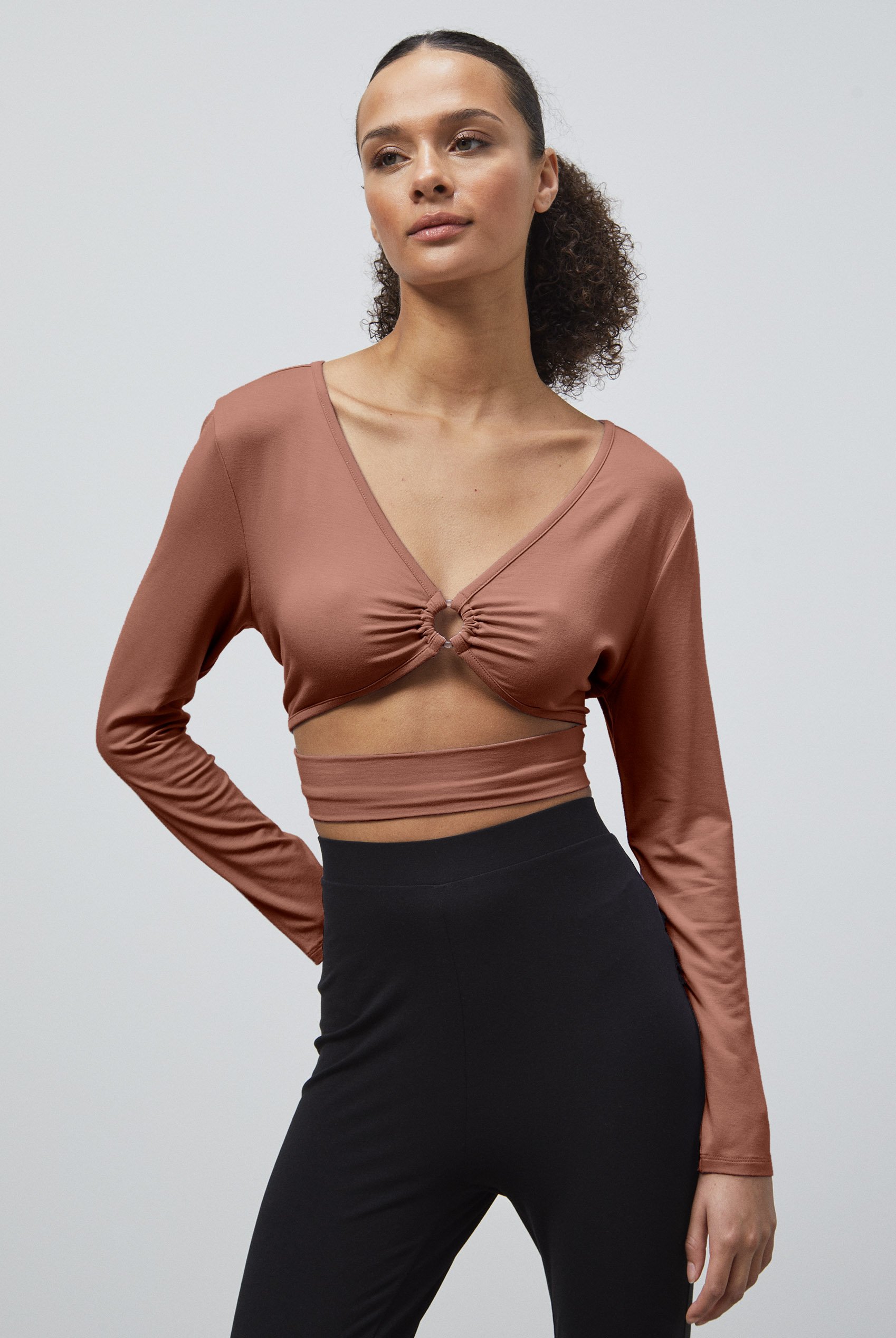 O-Ring Cut Out V-Neck Long Sleeves Top