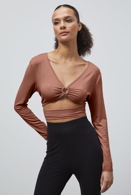 Brown O-Ring Cut Out V-Neck Long Sleeves Top
