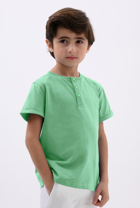 Green Half Placket Button Front T-Shirt
