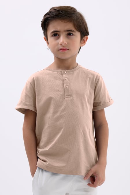 Cream Half Placket Button Front T-Shirt