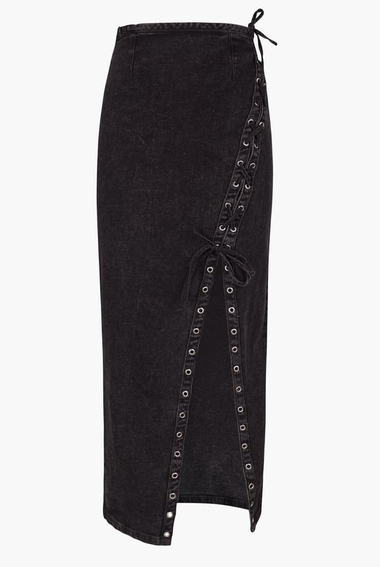 Black Denim Skirt With Asymmetric Lace Up Details