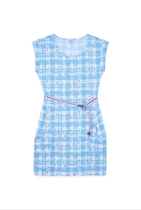 Blue Belted Printed Jersey Dress
