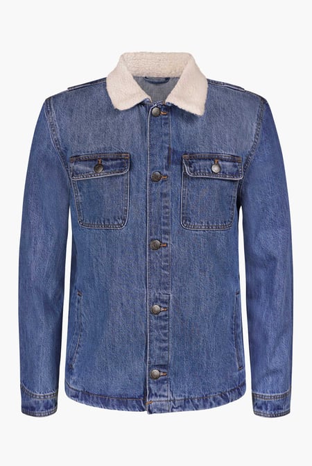 Mid Blue Borg Collar Cotton Denim Trucker Jacket