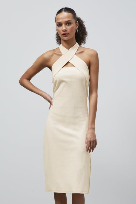 White Crisscross Halter Rib Dress with Open Back