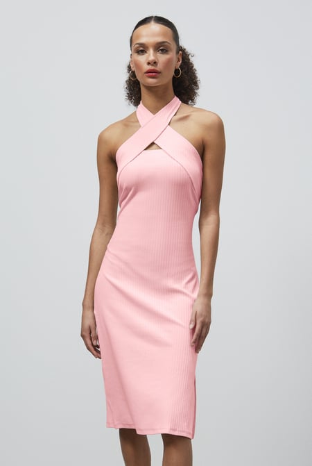 White Crisscross Halter Rib Dress with Open Back