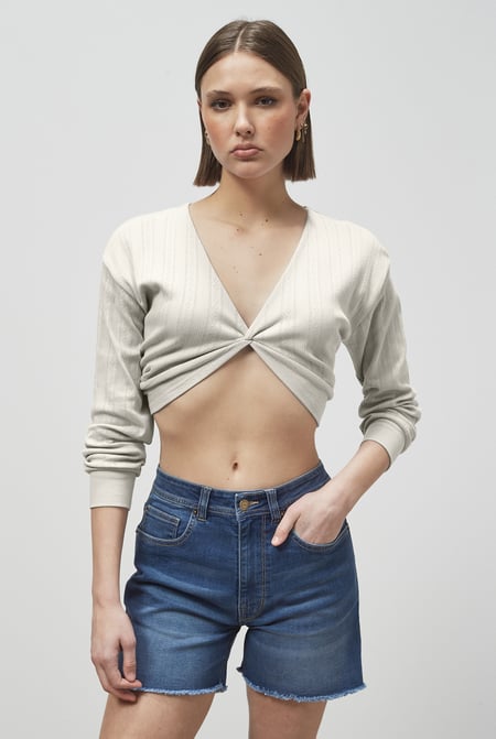 White Twisted Front Pin Tuck Jersey Cropped Top