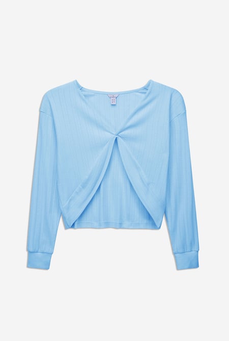 Blue Twisted Front Pin Tuck Jersey Cropped Top
