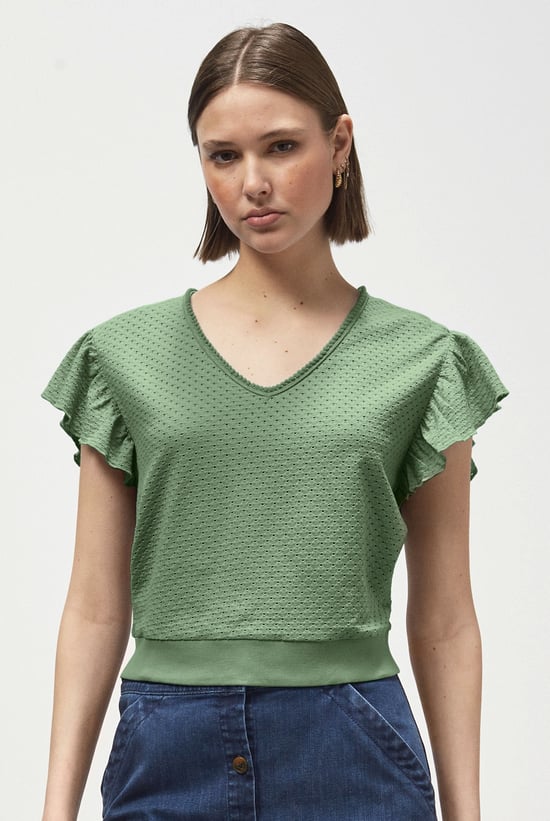 Frill Sleeves Mash Textured Jersey T-Shirt