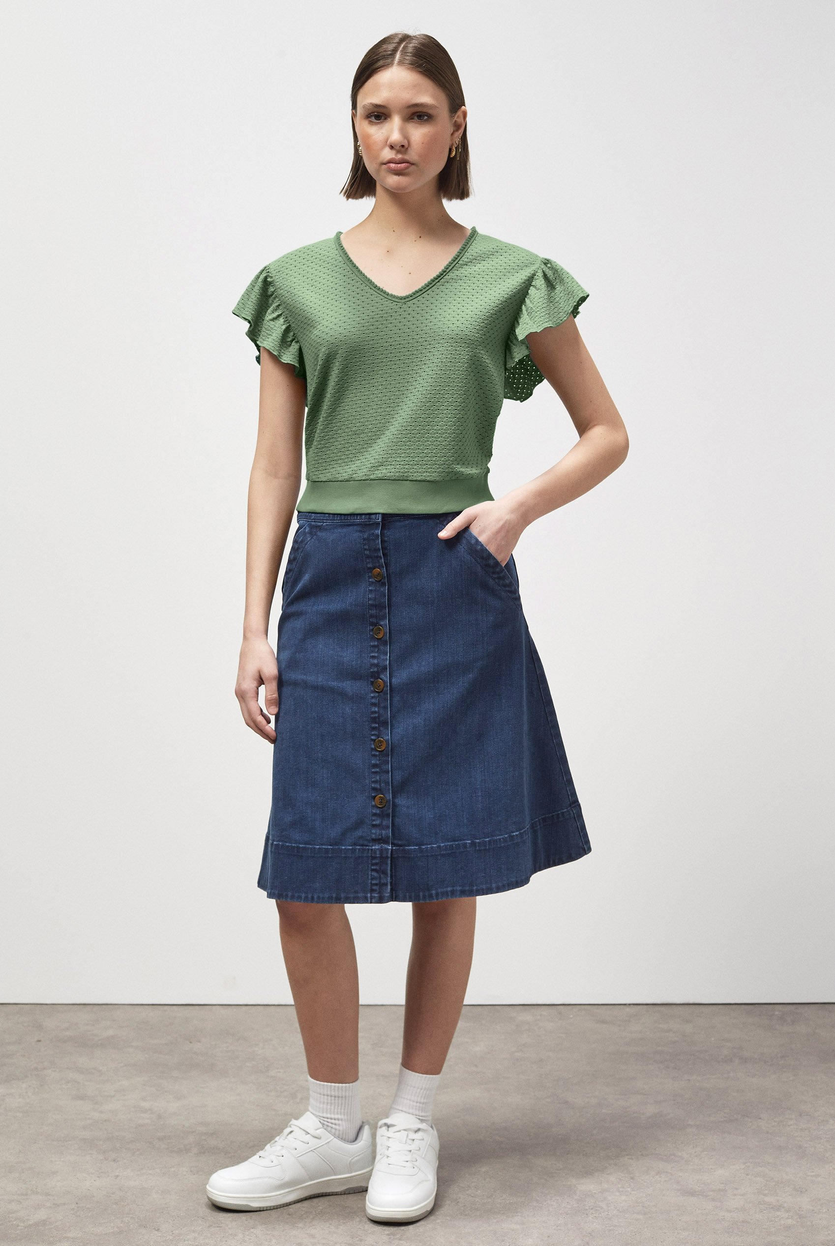 Frill Sleeves Mash Textured Jersey T-Shirt