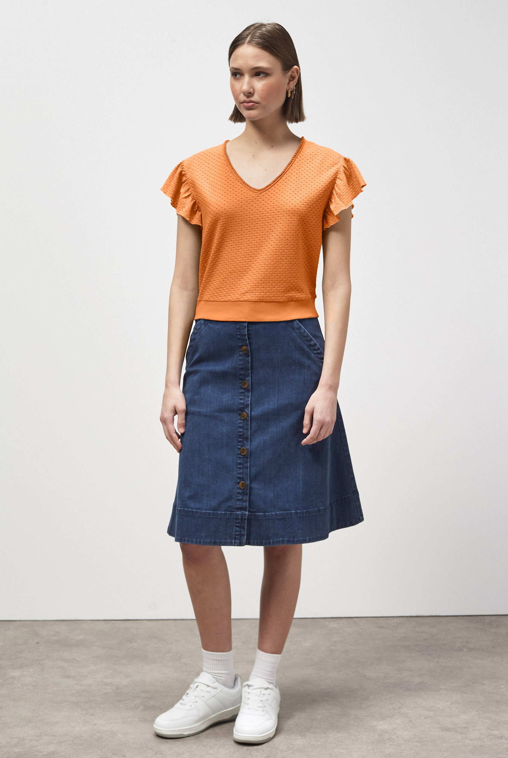 Frill Sleeves Mash Textured Jersey T-Shirt