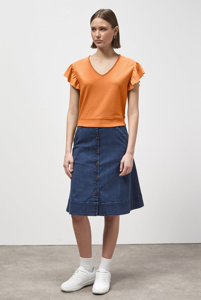 Frill Sleeves Mash Textured Jersey T-Shirt