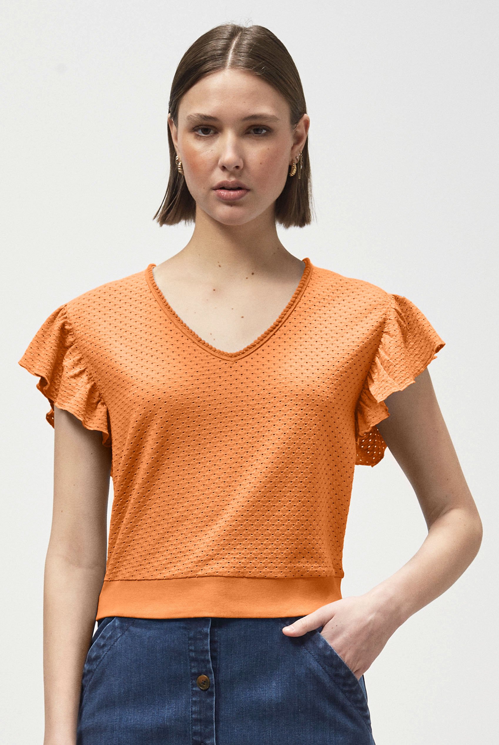 Frill Sleeves Mash Textured Jersey T-Shirt