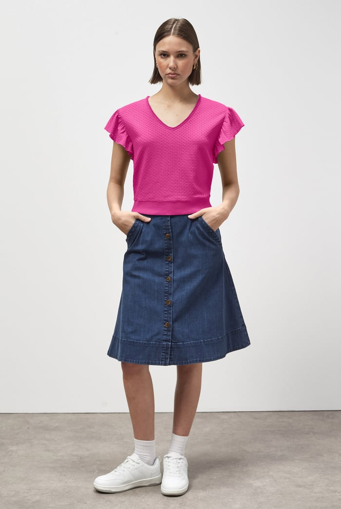 Frill Sleeves Mash Textured Jersey T-Shirt
