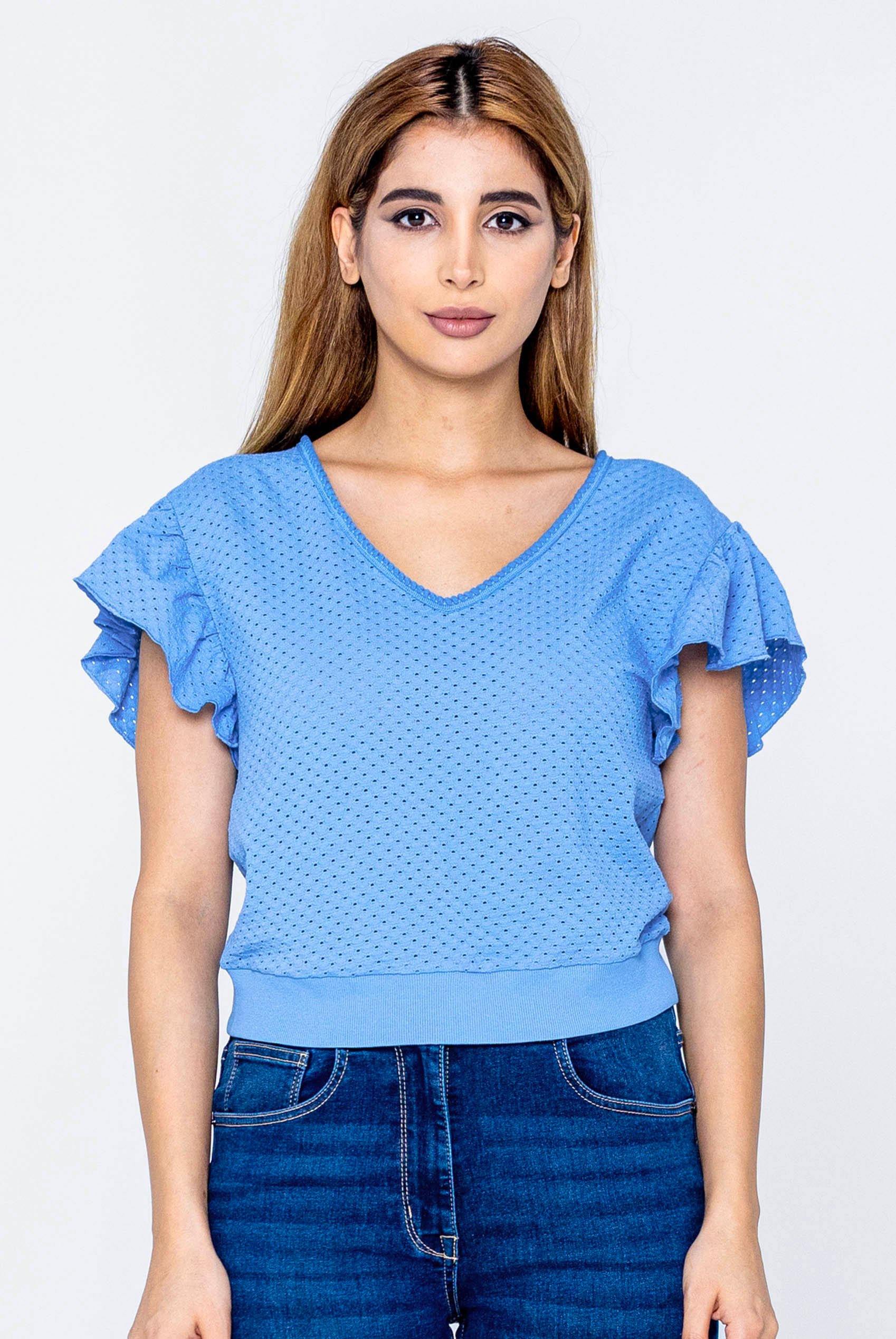 Frill Sleeves Mash Textured Jersey T-Shirt