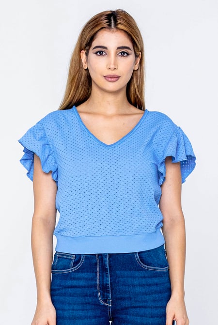 Pink Frill Sleeves Mash Textured Jersey T-Shirt
