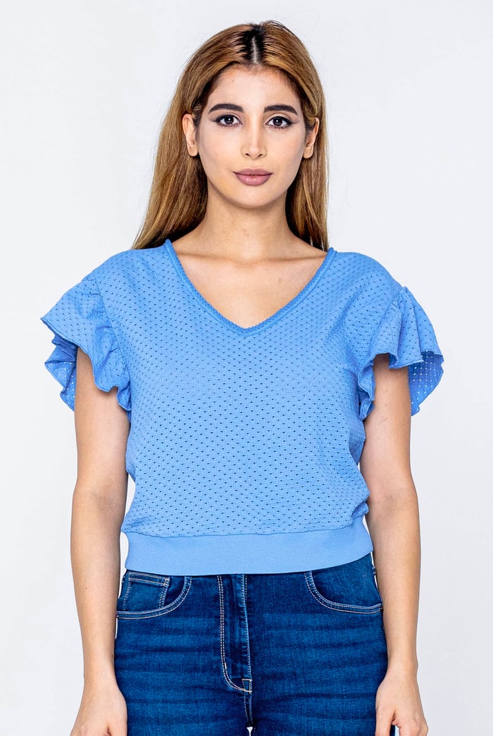 Frill Sleeves Mash Textured Jersey T-Shirt