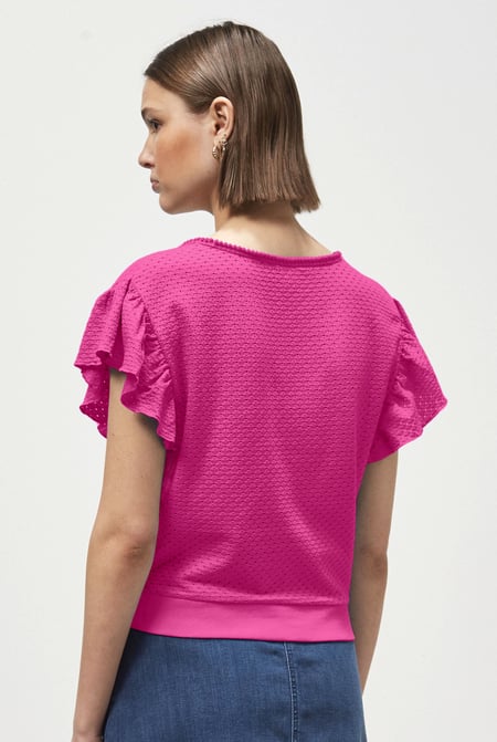 Frill Sleeves Mash Textured Jersey T-Shirt