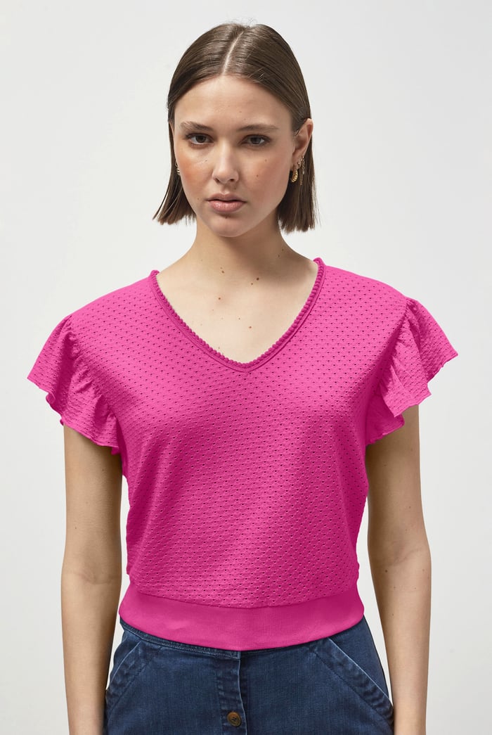 Frill Sleeves Mash Textured Jersey T-Shirt
