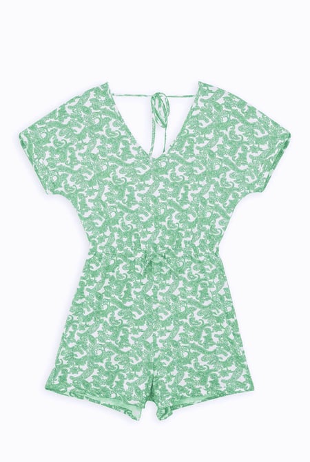 Green Roll up Sleeves AOP Play Suit