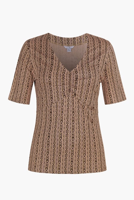 Brown Short Sleeve Shimmer Printed Viscose Top
