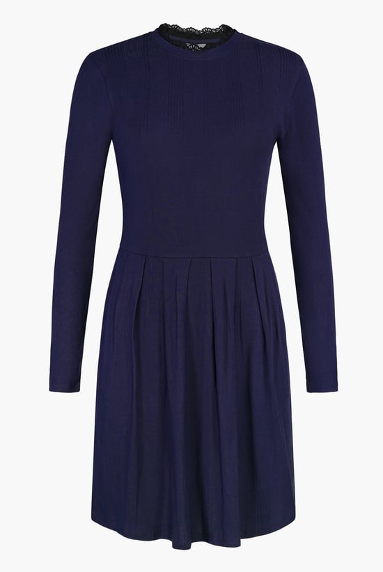 Ribbed Jersey Mini Dress With Lace Neck