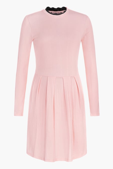 Pink Ribbed Jersey Mini Dress With Lace Neck