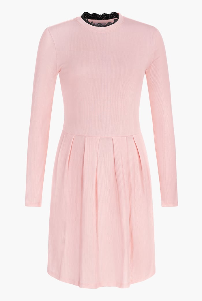 Ribbed Jersey Mini Dress With Lace Neck