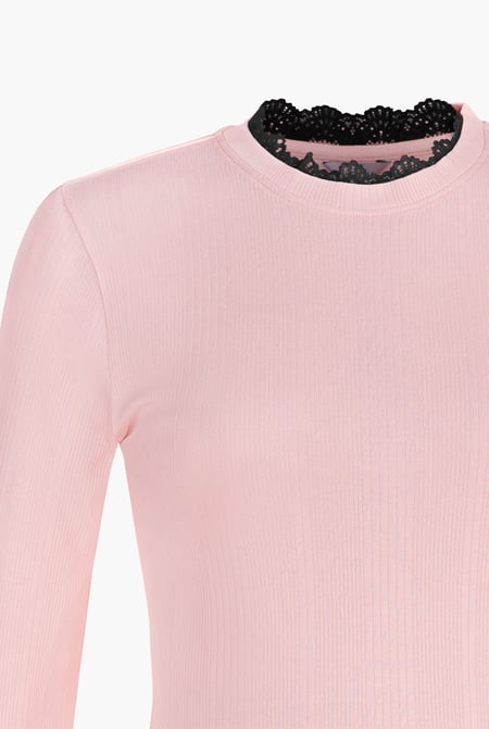 Pink Ribbed Jersey Mini Dress With Lace Neck