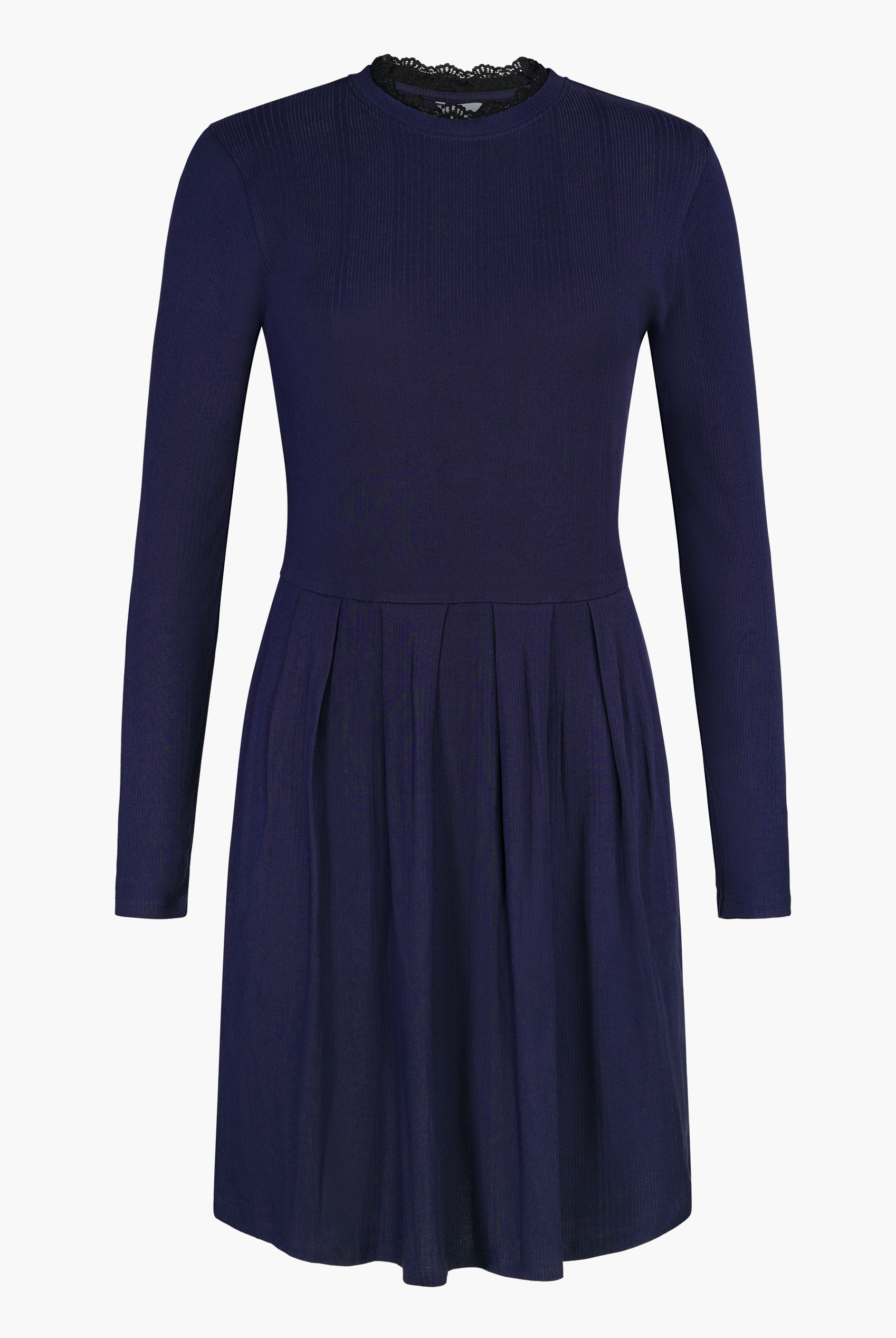 Ribbed Jersey Mini Dress With Lace Neck