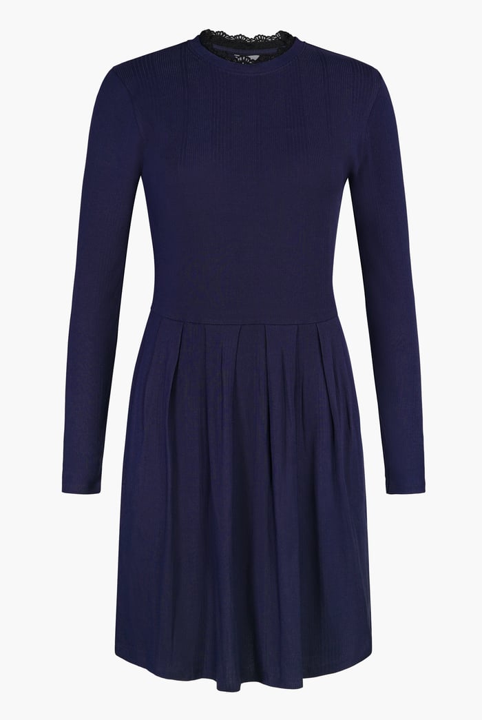 Ribbed Jersey Mini Dress With Lace Neck