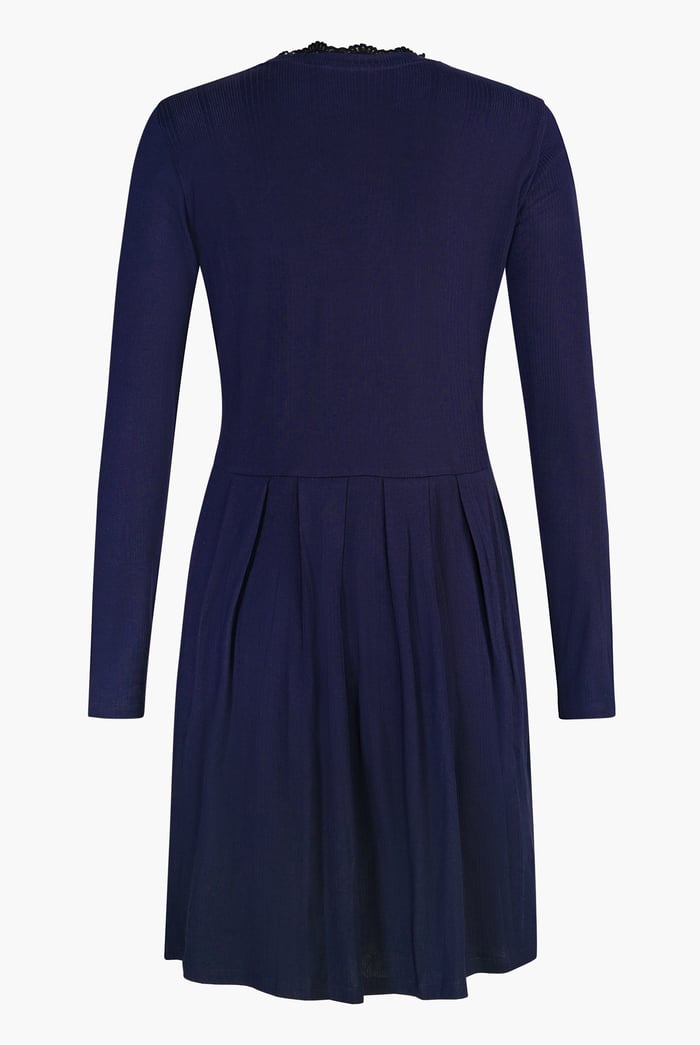 Ribbed Jersey Mini Dress With Lace Neck