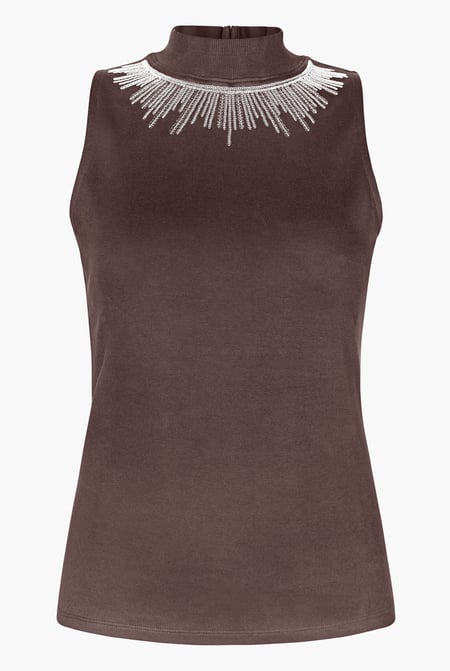 Brown Silver Sequin High Neck Sleeveless Top