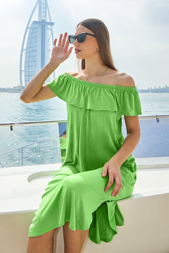 Off Shoulder Ruffle Jersey Dress