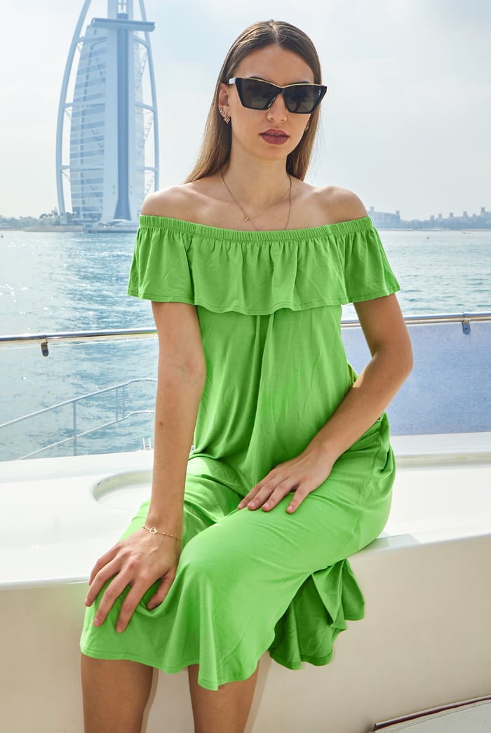 Off Shoulder Ruffle Jersey Dress